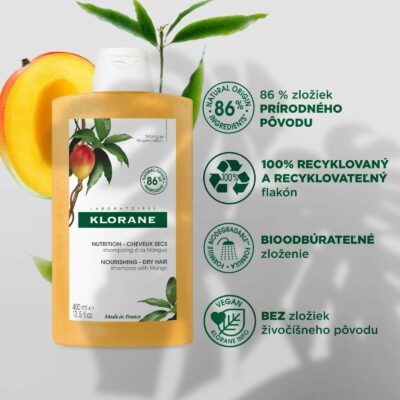 KLORANE Šampón s mangom, na suché vlasy 400 ml – Obrázok 2