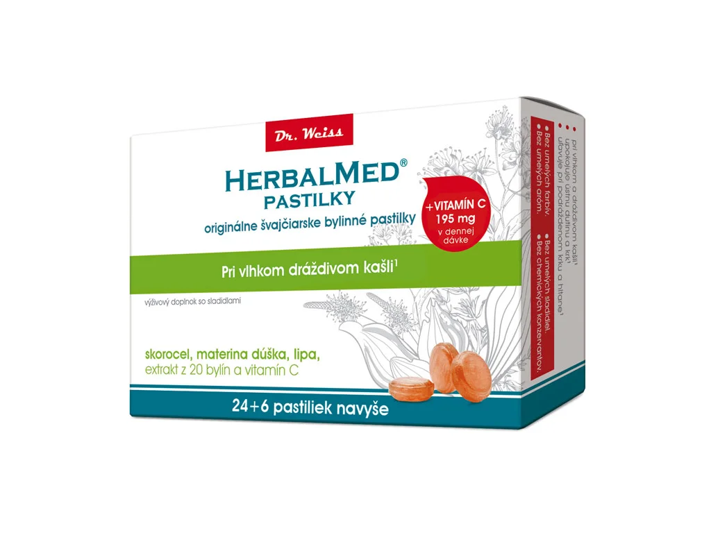 392_herbalmed-pastilky-dr--weiss---skor-mat-dus--lipa-vit-c-24-6-past HERBALMED PASTILKY pri kašli (skorocel, mat.dúška, lipa) 30 ks – Obrázok 1