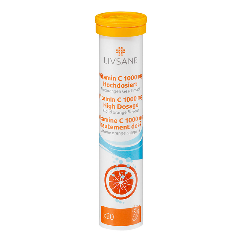 O0050786 LIVSANE Vitamín C 1000 mg Vysoká dávka príchuť červený pomaranč, 20 šumivých tabliet – Obrázok 1