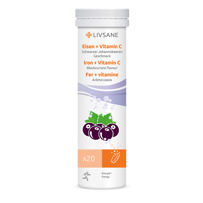 LIVSANE Železo + Vitamín C, príchuť čierna ríbezľa 20 šumivých tabliet