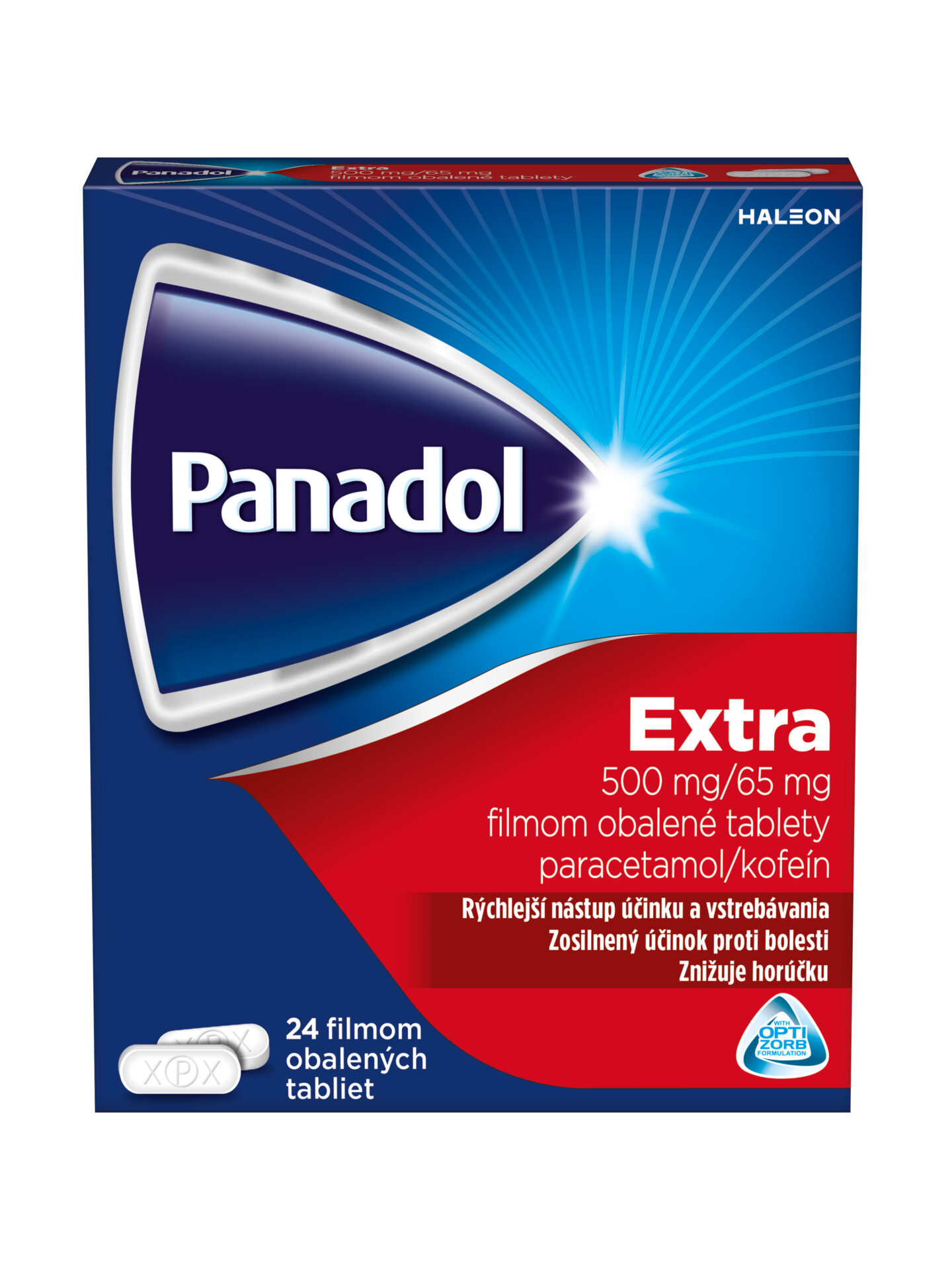 Panadol_Extra_24_filmem_obalene_tablety_SK_TV_F Panadol Extra 500 mg/65 mg 24 tabliet – Obrázok 1