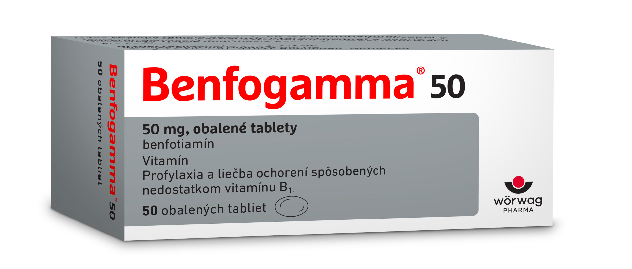 SK_Benfogamma50_krabicka50_zLava_2024 Benfogamma 50 mg 50 obalených tabliet – Obrázok 1
