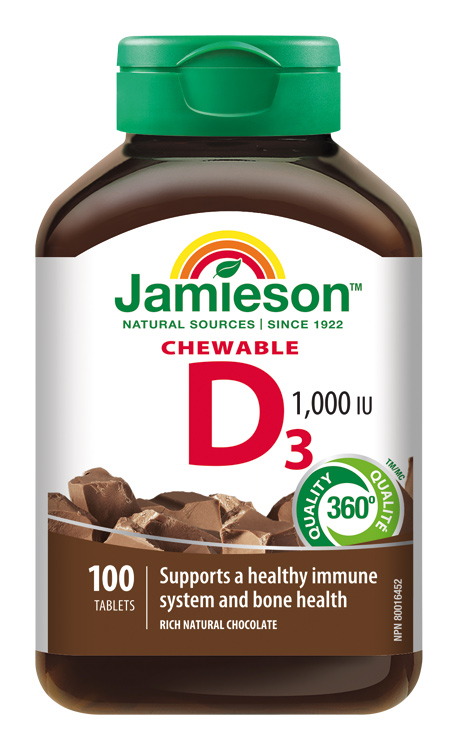 8701-jamieson-vitamin-d3-1000-iu-tablety-na-cmulanie-s-prichutou-cokolady-100tbl Jamieson Vitamín D3 1000 IU čokoláda 100 tabliet na cmúľanie – Obrázok 1