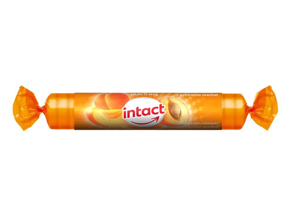 1500_intact-rolky-hroznovy-cukor-s-vitaminom-c-marhula INTACT HROZNOVÝ CUKOR s vitamínom C s príchuťou marhúľ 40 g – Obrázok 1