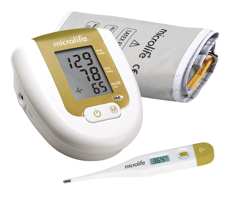 Microlife_Tlakomer_BP-3AG1_zlaty_4719003313241_T_i MICROLIFE BP 3AG1 Tlakomer na rameno + teplomer MT 3001, zlatý – Obrázok 1