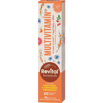 41201103_revital_botanicals_multivitamin_20_eff_tbl_3dk_sk_web Revital Botanicals MULTIVITAMÍN s bylinnými extraktmi, s príchuťou rakytníka a červeného pomaranča 20 šumivých tabliet – Obrázok 1
