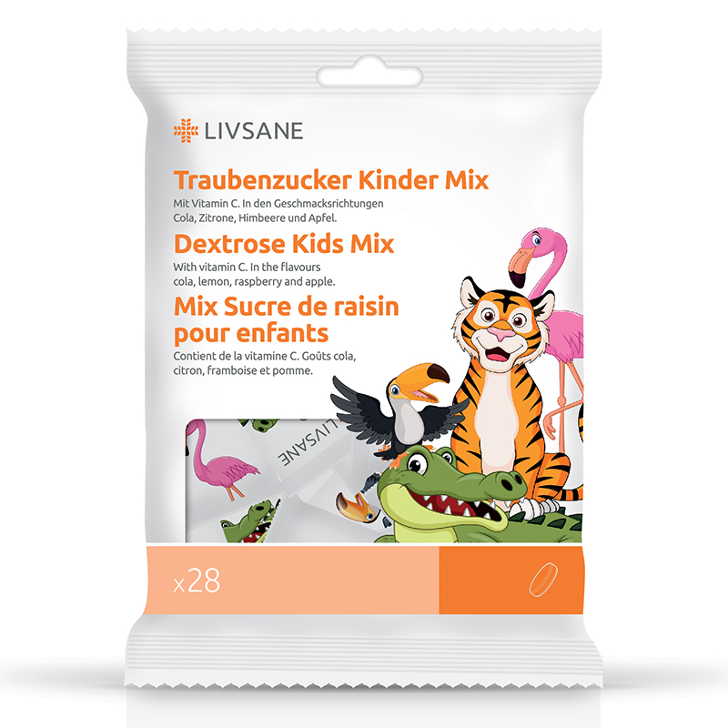 O0052516 LIVSANE Dextróza pre deti Mix žuvacie tablety s vitamínom C 28 ks – Obrázok 1
