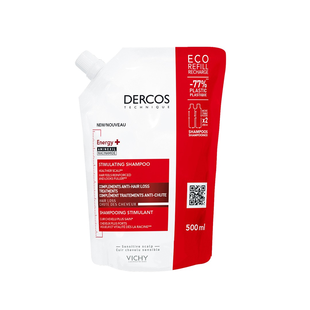 3337875828277_02 VICHY DERCOS ENERGY+ stimulujúci šampón, náhradná náplň 400 ml – Obrázok 1