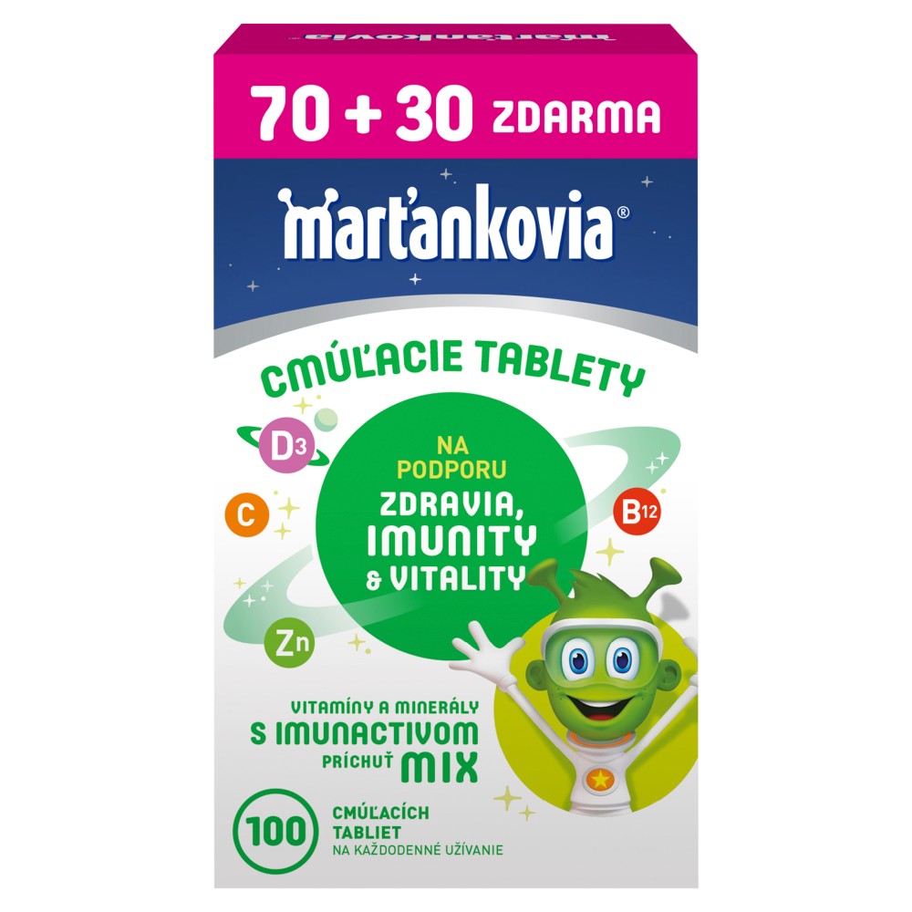 8596024023016_T1_Stada_Marťankovia_Cmúľacie_tablety_vitamíny_a_minerály_s_imunactivom_100_cmúľacích_tabliet_113_0_g WALMARK Marťankovia s Imunactivom 70+30 cmúľacích tabliet – Obrázok 1