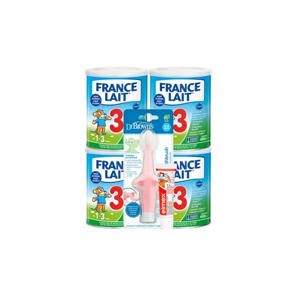 FRANCE LAIT 3 mliečna výživa 4x400 g + Dr. Browns kefka+vzorka pasty – Obrázok 1