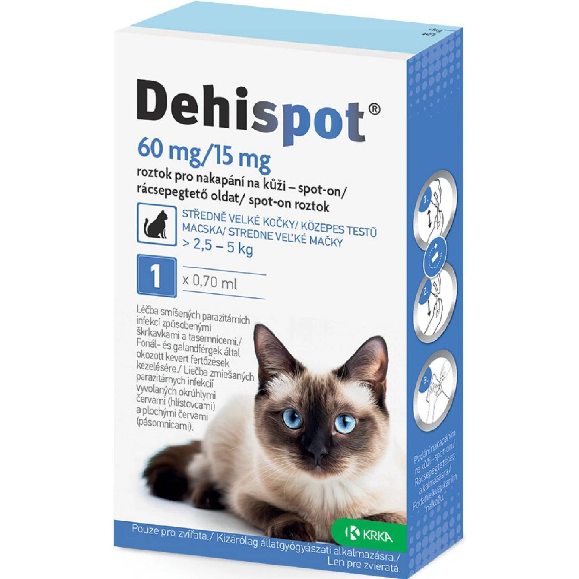 67047a3d-1f6a-46c6-879c-b5387bfb73bc Dehispot 60 mg/15 mg spot-on roztok pre stredne veľké mačky 2,5 - 5 kg 0,7 ml – Obrázok 1