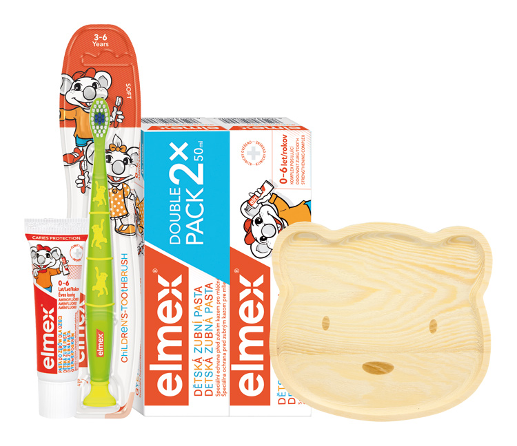 12523-elmex-detsky-balicek-2x-zubna-pasta-50ml-zubna-kefka-3-6-rokov-zubna-pasta-12ml-dreveny-tanierik ELMEX Detský balíček 2× zubná pasta 50 ml + zubná kefka 3–6 rokov + zubná pasta 12 ml + drevený tanierik – Obrázok 1