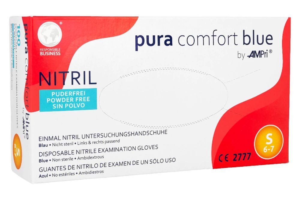 rekawice-nitrylowe-pura-comfort-niebieskie-100-sztuk-rozmiar-s-6-7.2 AMPRI Rukavice Pura comfort nitril nepudrovane S 100ks – Obrázok 1