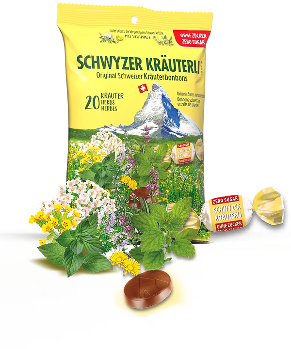 schwyzer kräuterli 20 Kräuter SCHWYZER KRAUTERLI Bylinné cukríky bez cukru 75 g – Obrázok 1