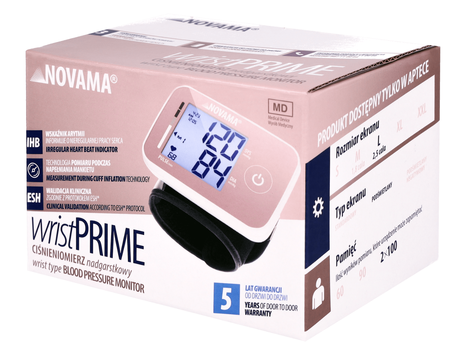 016d19de4580b0255dadfe3e92d62bb0 NOVAMA WRIST PRIME Pink zápästný tlakomer s detekciou arytmie a protokolom ESH – Obrázok 1