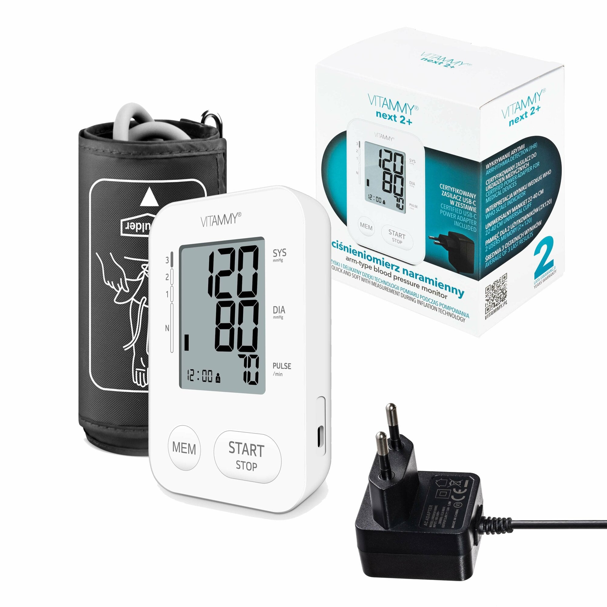 123920aa8b291abaa77cd2fe50cf7993 VITAMMY NEXT 2+ Ramenný tlakomer s meraním pri nafukovaní manžety a AC adaptérom – Obrázok 1