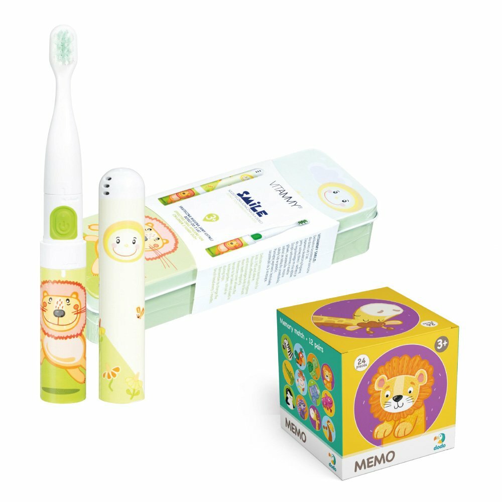 1efde054154b84ce13167e306052144e VITAMMY SMILE detská sonická zubná kefka Lev + DODO MEMO pexeso, od 3 rokov – Obrázok 1