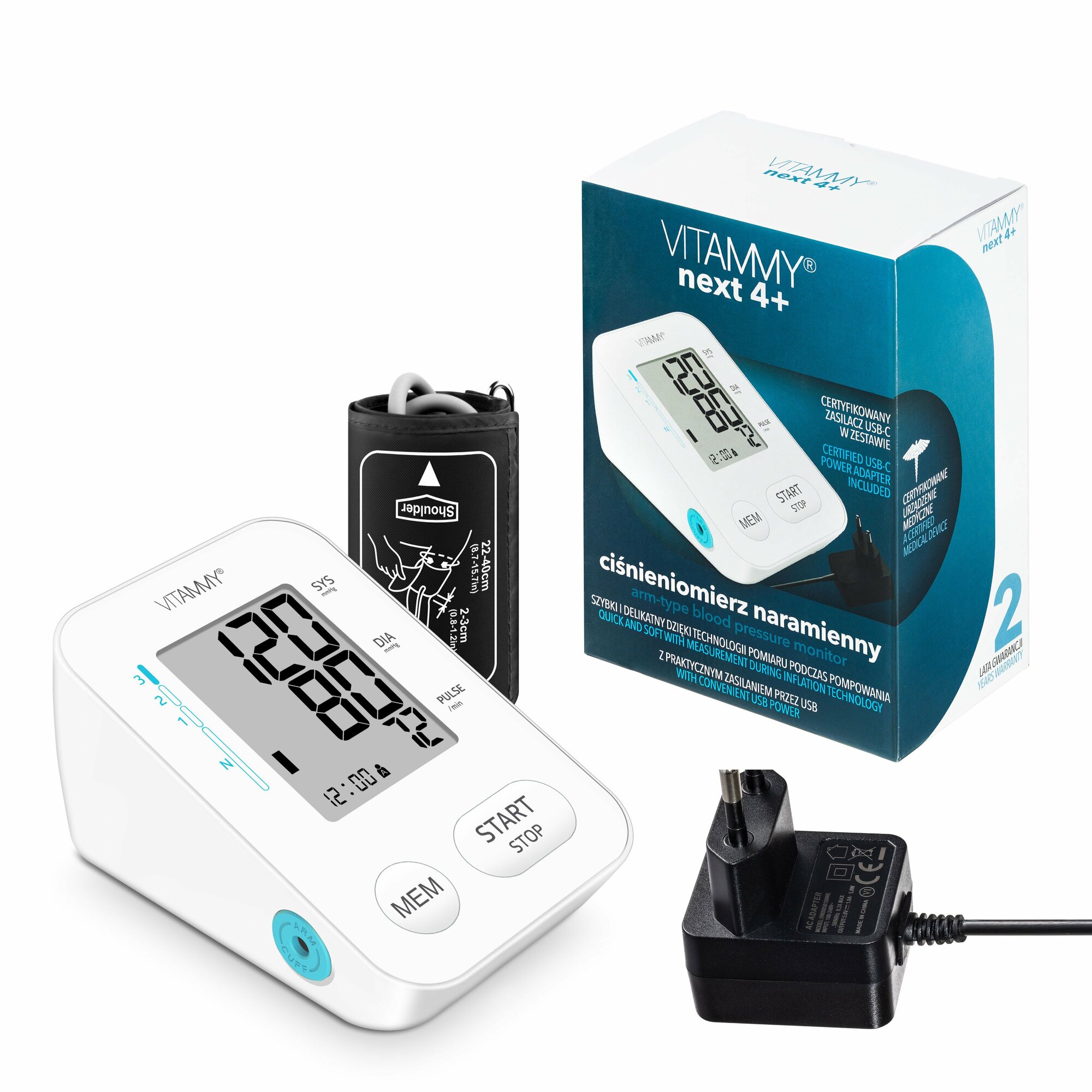 57ada4045811db025d50f4de236fe2ff VITAMMY NEXT 4+ Ramenný tlakomer s meraním pri nafukovaní manžety a AC adaptérom – Obrázok 1