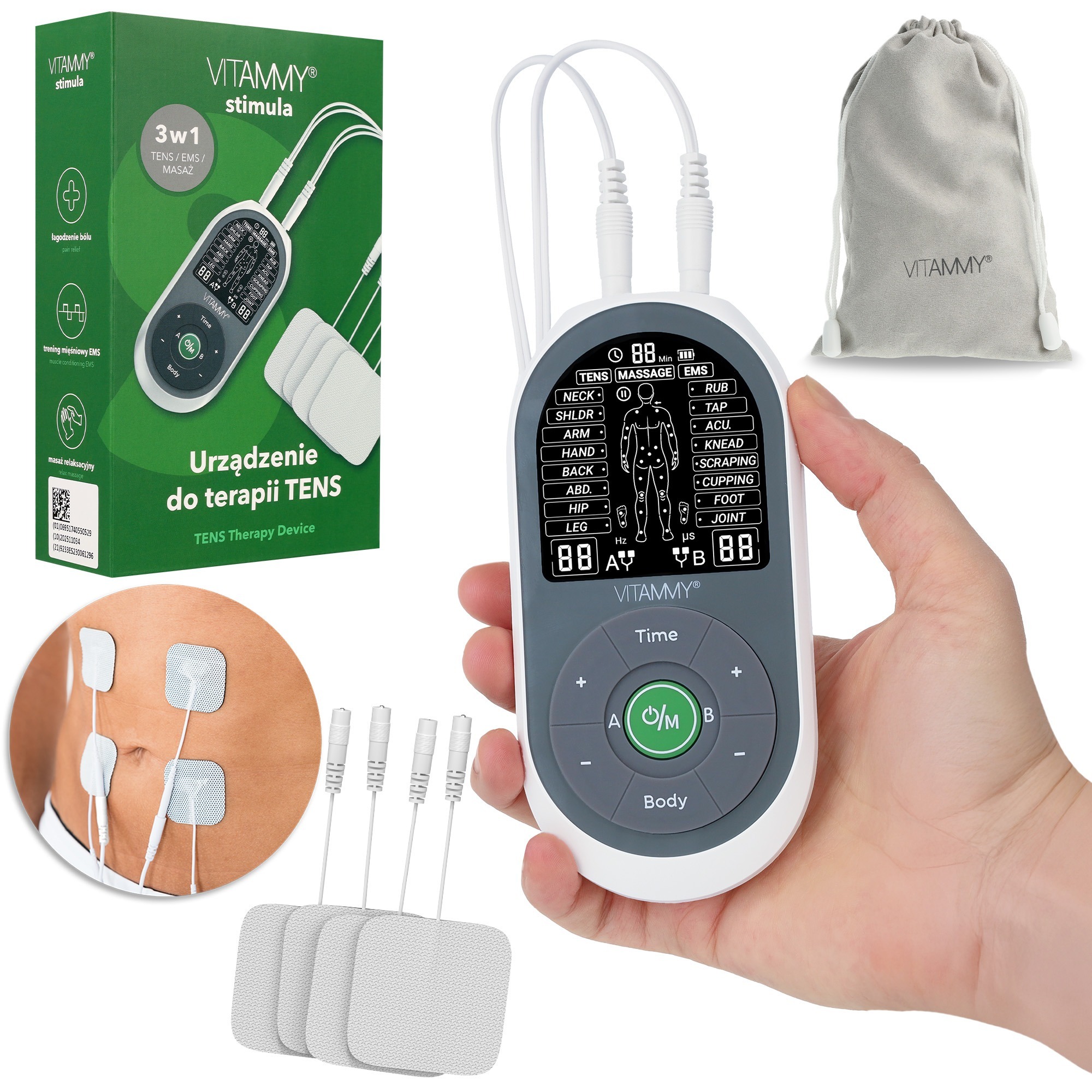 6362e0e9042bafe22bfe171c8cd88db4 VITAMMY STIMULA Elektrostimulátor svalov, terapia TENS EMS a masáž 3 v 1 + 4 elektródy – Obrázok 1