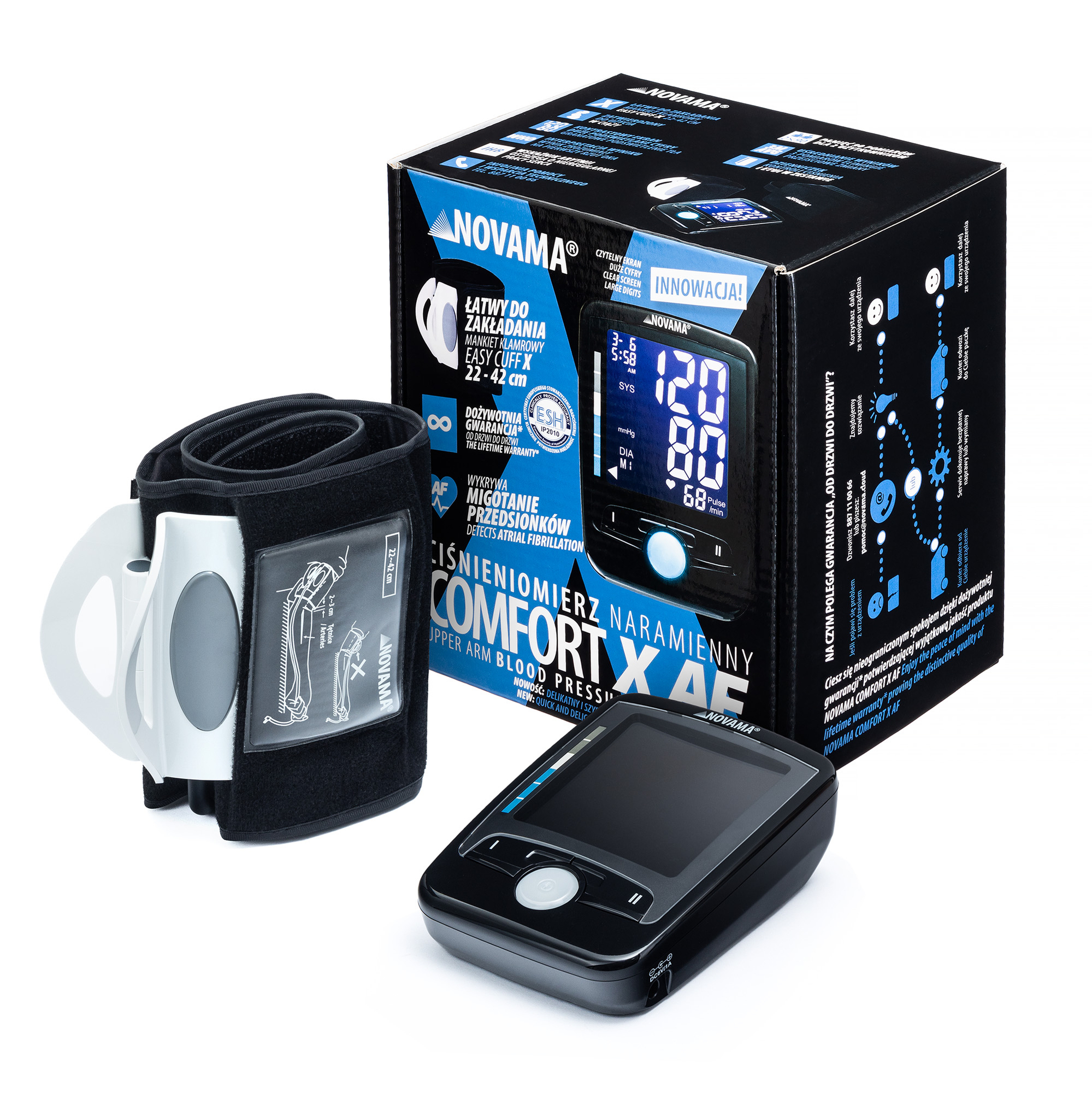 ac16b14826a0b7e80ff8cd627b66474d NOVAMA Comfort X AF Digitálny tlakomer s detekciou fibrilácie predsiení + adaptér – Obrázok 1