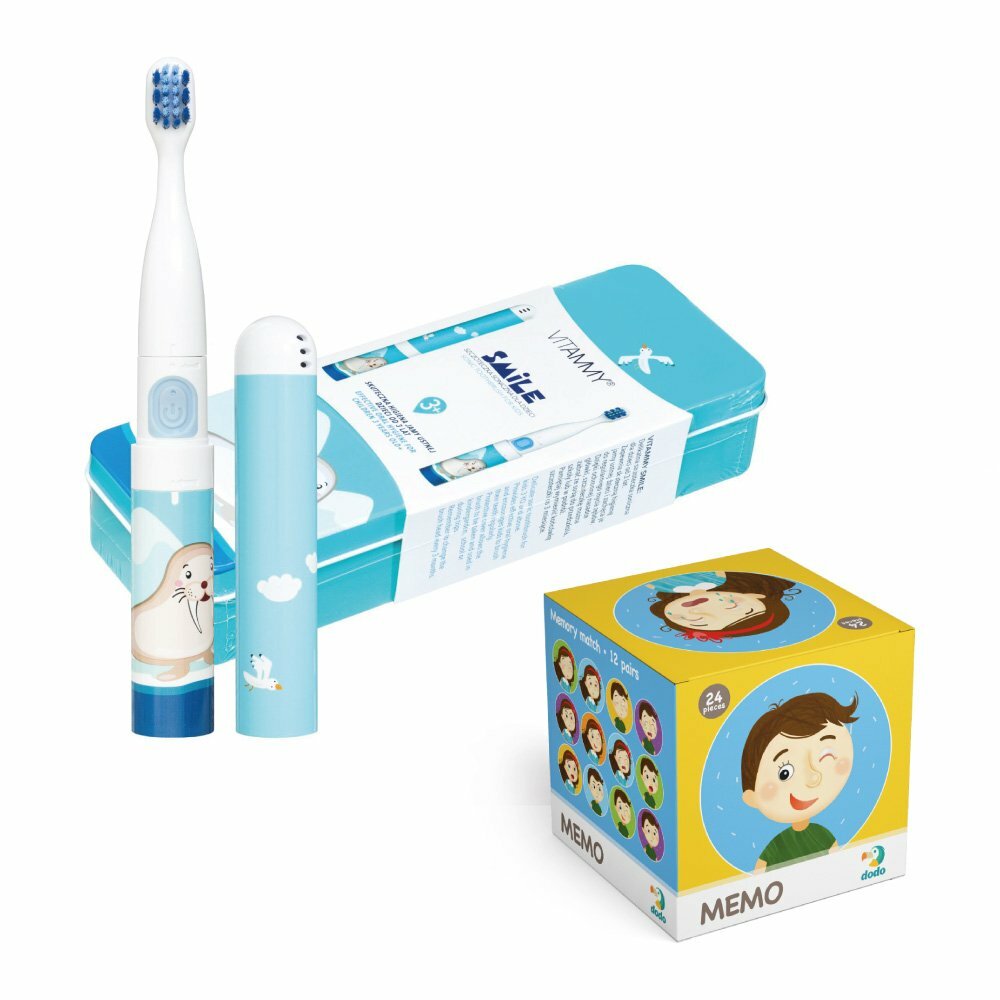 bb3fb03c1e12c6acfd916b8e20dc6dfa VITAMMY SMILE detská sonická zubná kefka Mrož + DODO MEMO pexeso, od 3 rokov – Obrázok 1