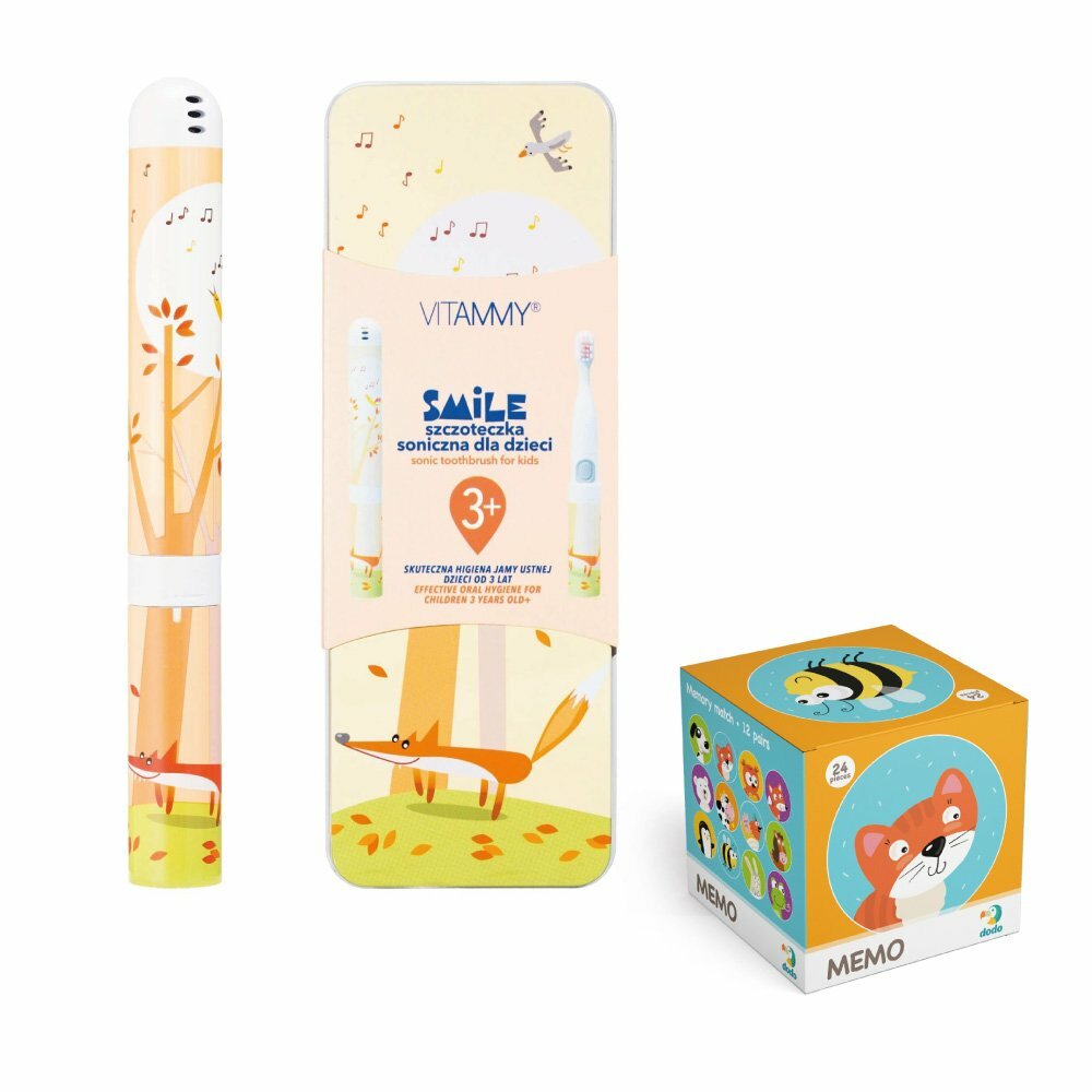 c88802fc01f6b2c18c89b30e3a4a75fe VITAMMY SMILE detská sonická zubná kefka Líška + DODO MEMO pexeso, od 3 rokov – Obrázok 1