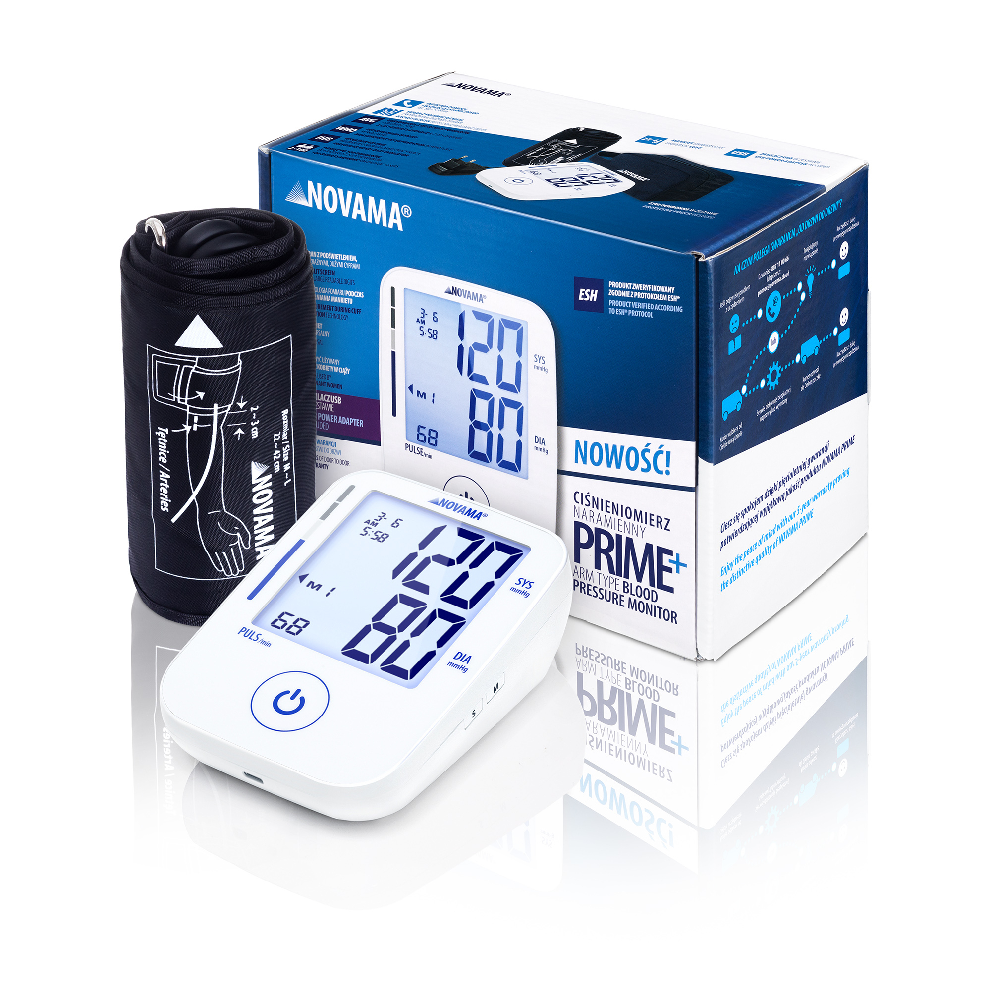ccbd2b0a0baefd2b5f98fbcdd6d803c0 NOVAMA PRIME+ Ramenný tlakomer s ESH a IHB s USB-C adaptérom, biely – Obrázok 1