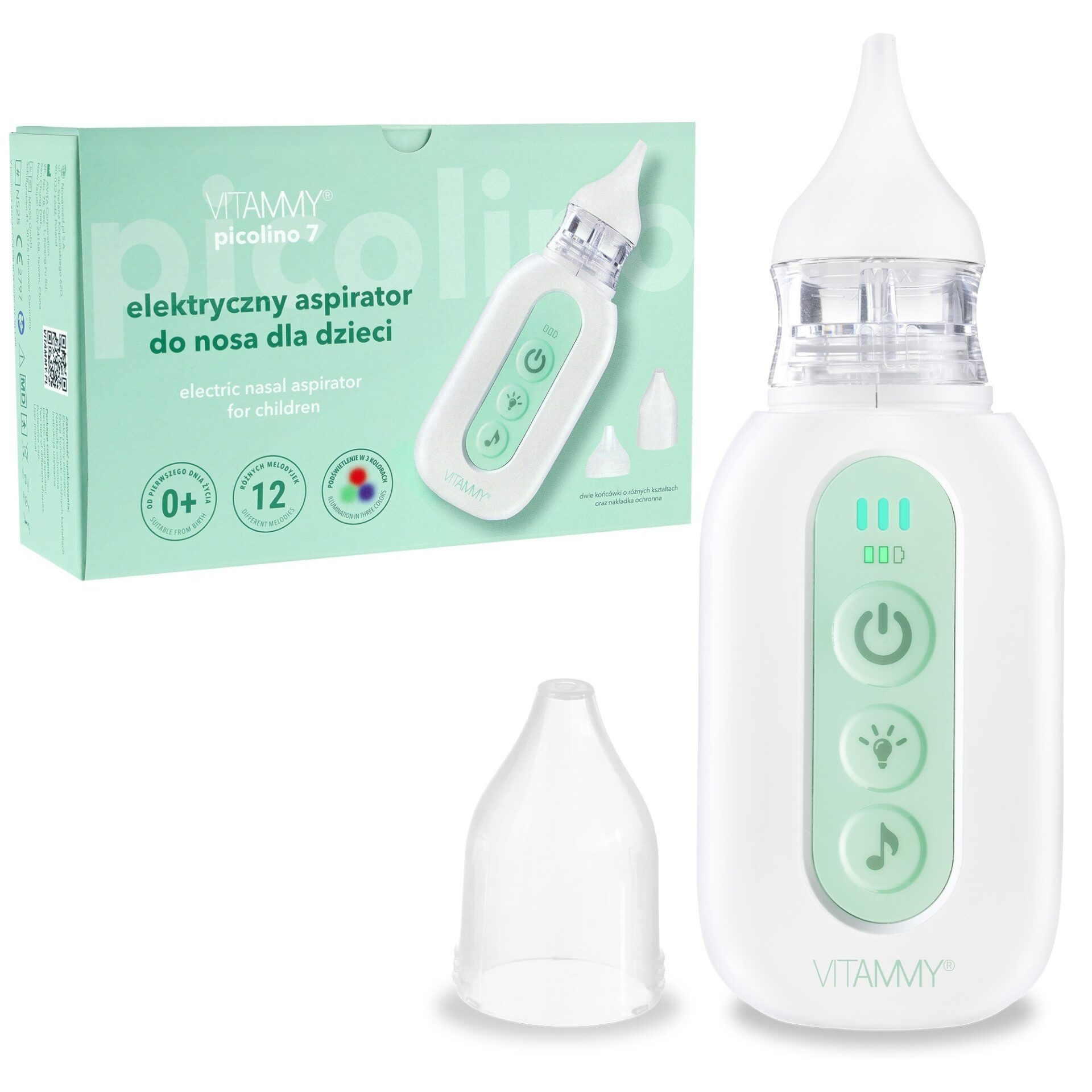 ddc1d4c28e7aa72b4da4cc32f6181d0c VITAMMY PICOLINO 7 Nosová elektrická odsávačka hlienov pre deti, 2 nástavce, 3 režimy – Obrázok 1