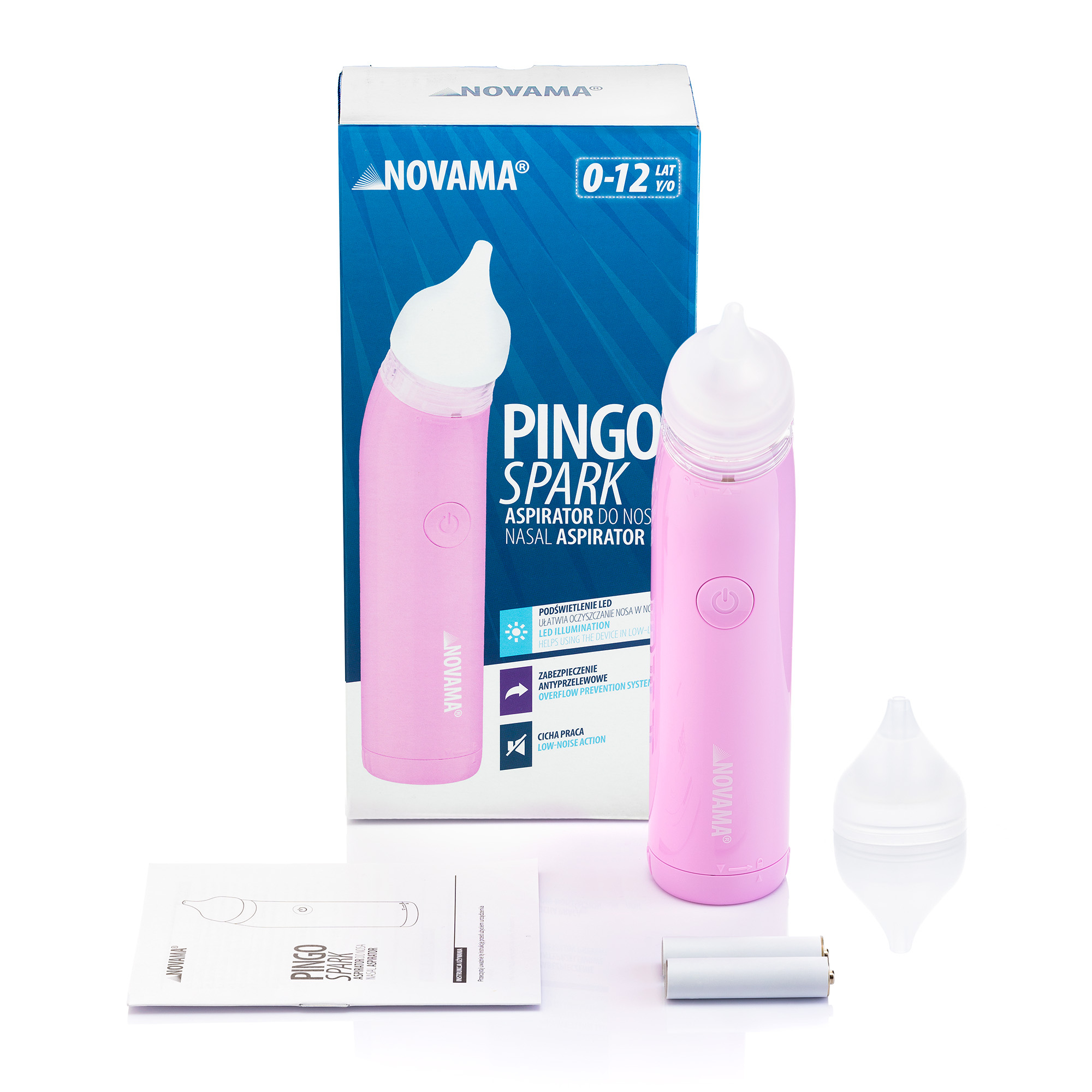 ef0e416b99c91eda03aa5526e6b14840 NOVAMA Pingo Spark Pastel Pink Nosová odsávačka s osvetlenou špičkou, ružová – Obrázok 1