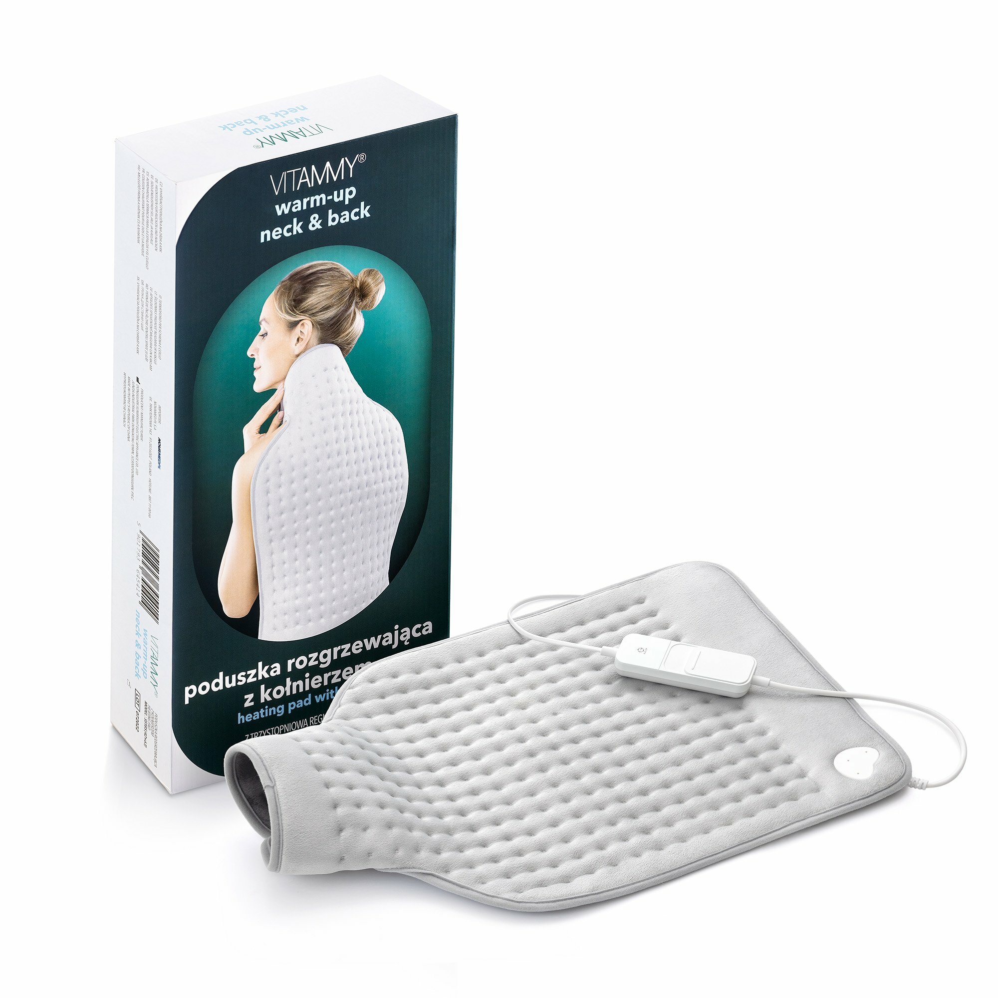 f88ae883932a5f99119eb365cf03deb0 VITAMMY WARM-UP NECK&BACK Elektrický vyhrievací vankúš s golierom 63x42cm, svetlá šedá – Obrázok 1