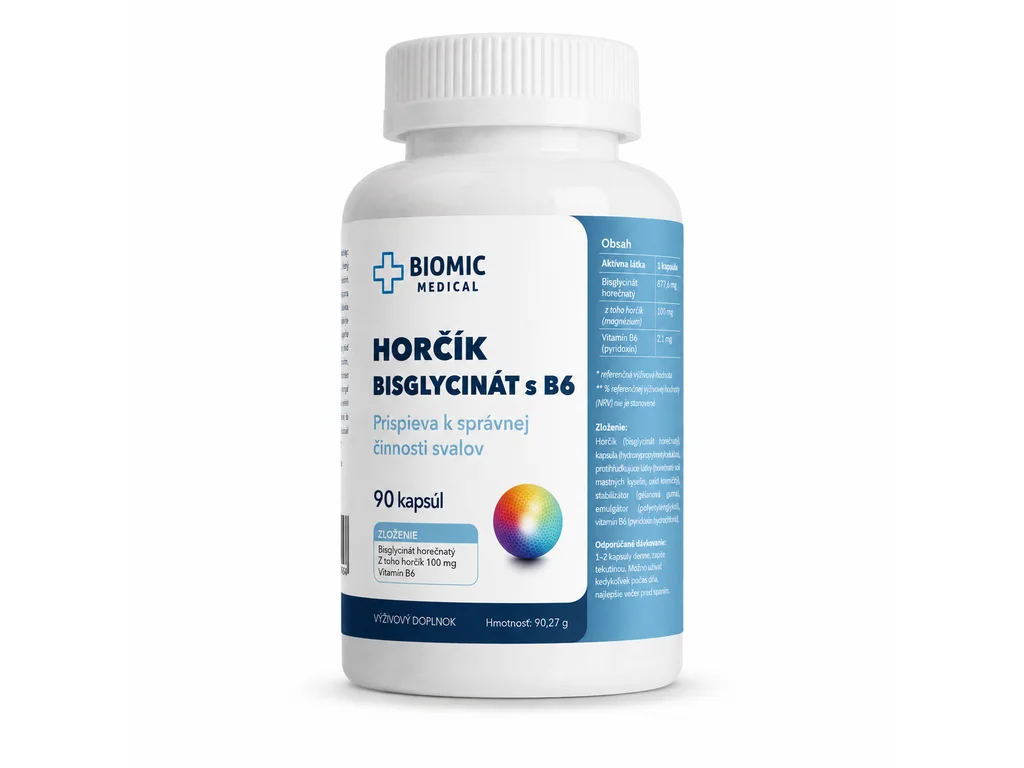 212_horcik BIOMIC MEDICAL Horčík bisglycinát s B6 90 kapsúl – Obrázok 1
