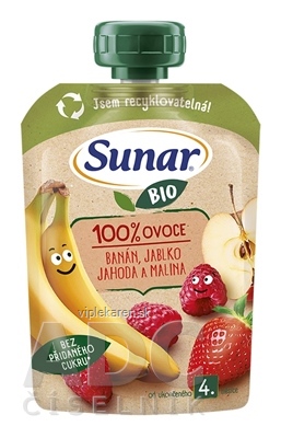 Sunar BIO Banán Jablko Jahoda Malina 100% ovocia, kapsička (od ukonč. 4. mesiaca) 1x100 g