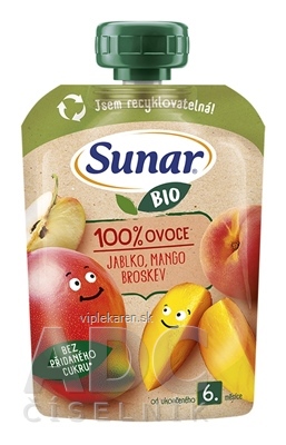 Sunar BIO Jablko Mango Broskyňa 100% ovocia, kapsička (od ukonč. 6. mesiaca) 1x100 g