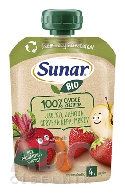 Sunar BIO Jablko Jahoda Červená repa 100% ovocia-zeleniny, kapsička (od ukonč. 4. mesiaca) 1x100 g
