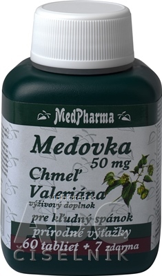 MedPharma MEDOVKA 50MG + CHMEĽ + VALERIÁNA tbl 60+7 zadarmo (67 ks) MedPharma MEDOVKA 50MG + CHMEĽ + VALERIÁNA tbl 60+7 zadarmo (67 ks) – Obrázok 1