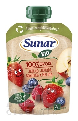 Sunar BIO Jablko Jahoda Čučoriedka Malina 100% ovocia, kapsička (od ukonč. 4. mesiaca) 1x100 g