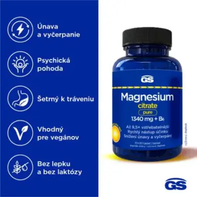 GS Magnesium Citrate Pure 1340 mg + B6 100 tabliet – Obrázok 2