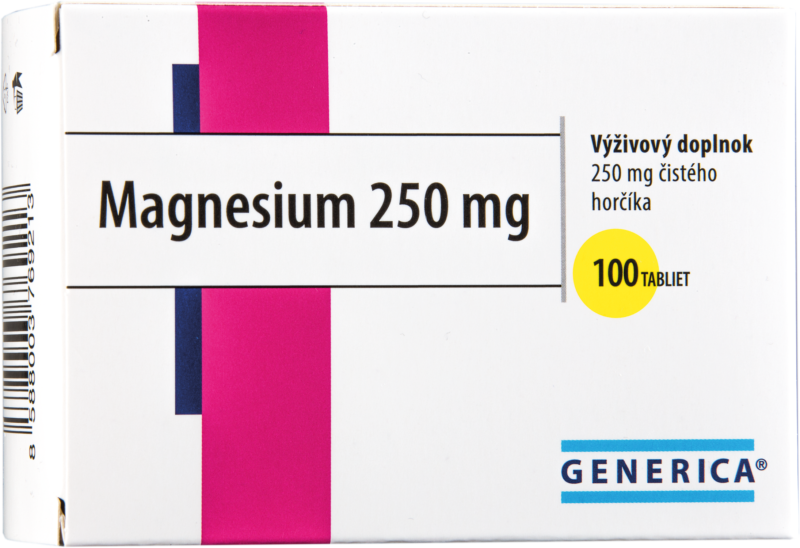 magnesium250mg-100tbl_SK-800x548.png GENERICA Magnesium 250 mg 100 tabliet – Obrázok 1