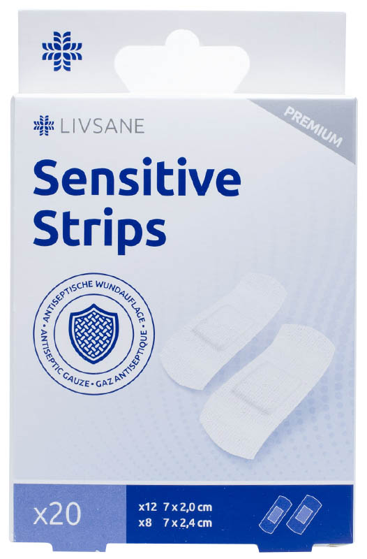 Z0039850 LIVSANE Náplasti na citlivú pokožku Sensitive PREMIUM, prúžky 2 veľkosti 20 ks – Obrázok 1
